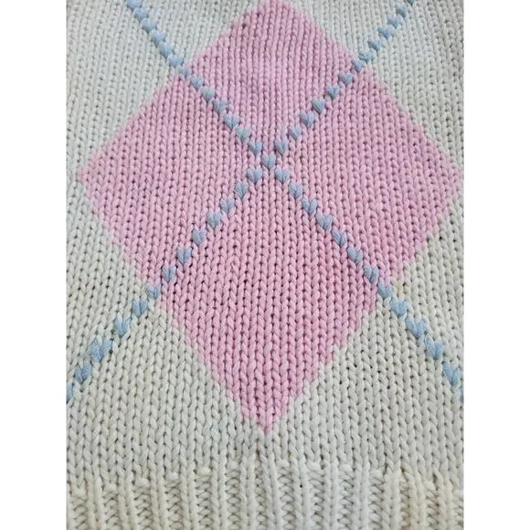Vintage 60s 70s Ivory White Pink Sweater Vest Argyle Size XS/S Mod Coquette - Picture 4 of 11